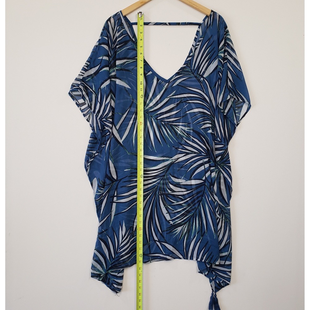 Swim Cover Up Women One Size Blue Tropical Palm Leaf Kaftan Vacation Beach Boho - Picture 3 of 4